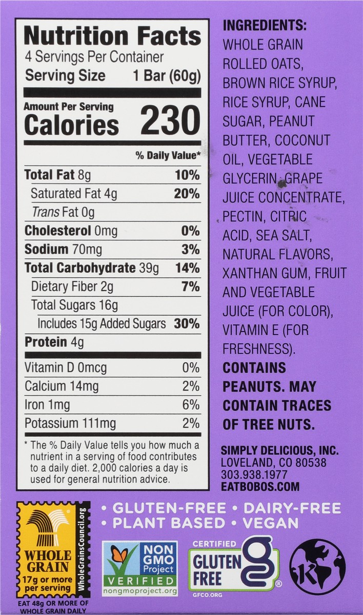 slide 2 of 9, Bobo's Grape PB&Js 4 - 2.1 oz Bars, 4 ct; 8.4 oz