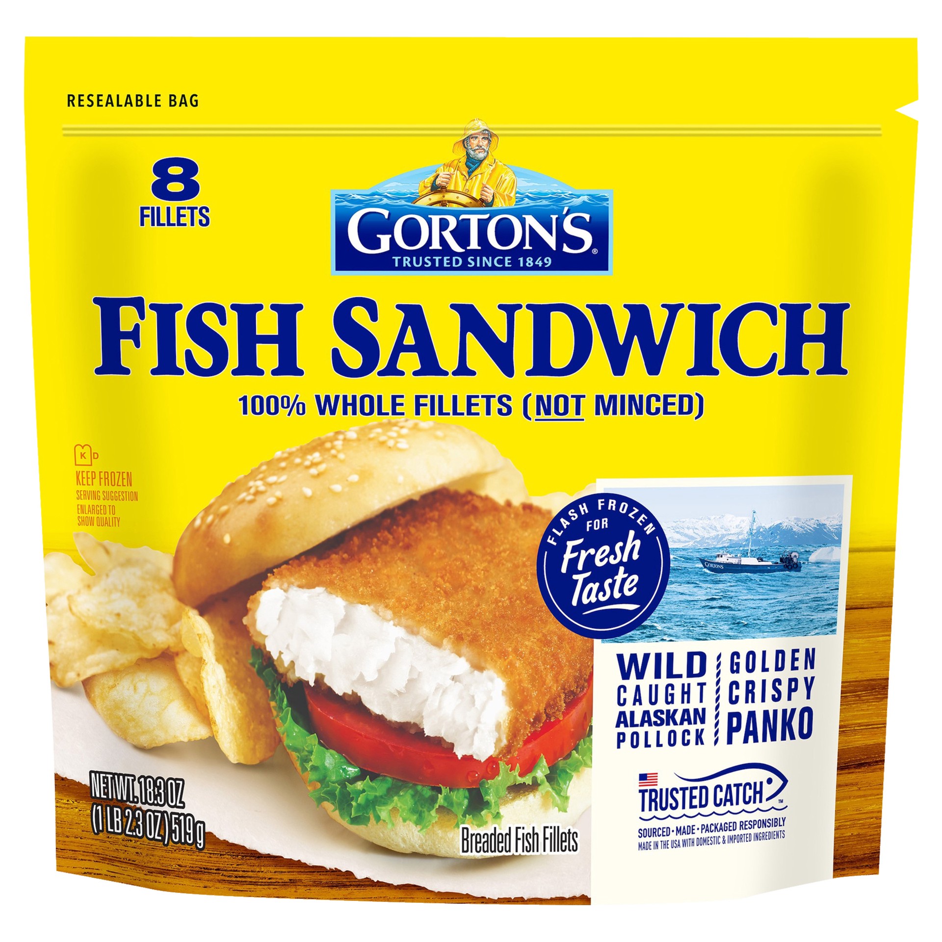 slide 10 of 10, Gorton's Gorton''s Breaded Fish Sandwich Cut from 100% Whole Fish Fillets (Not Minced), Wild Caught Alaskan Pollock, Frozen, 8 Count, 18.3 Ounce Resealable Bag, 8 ct