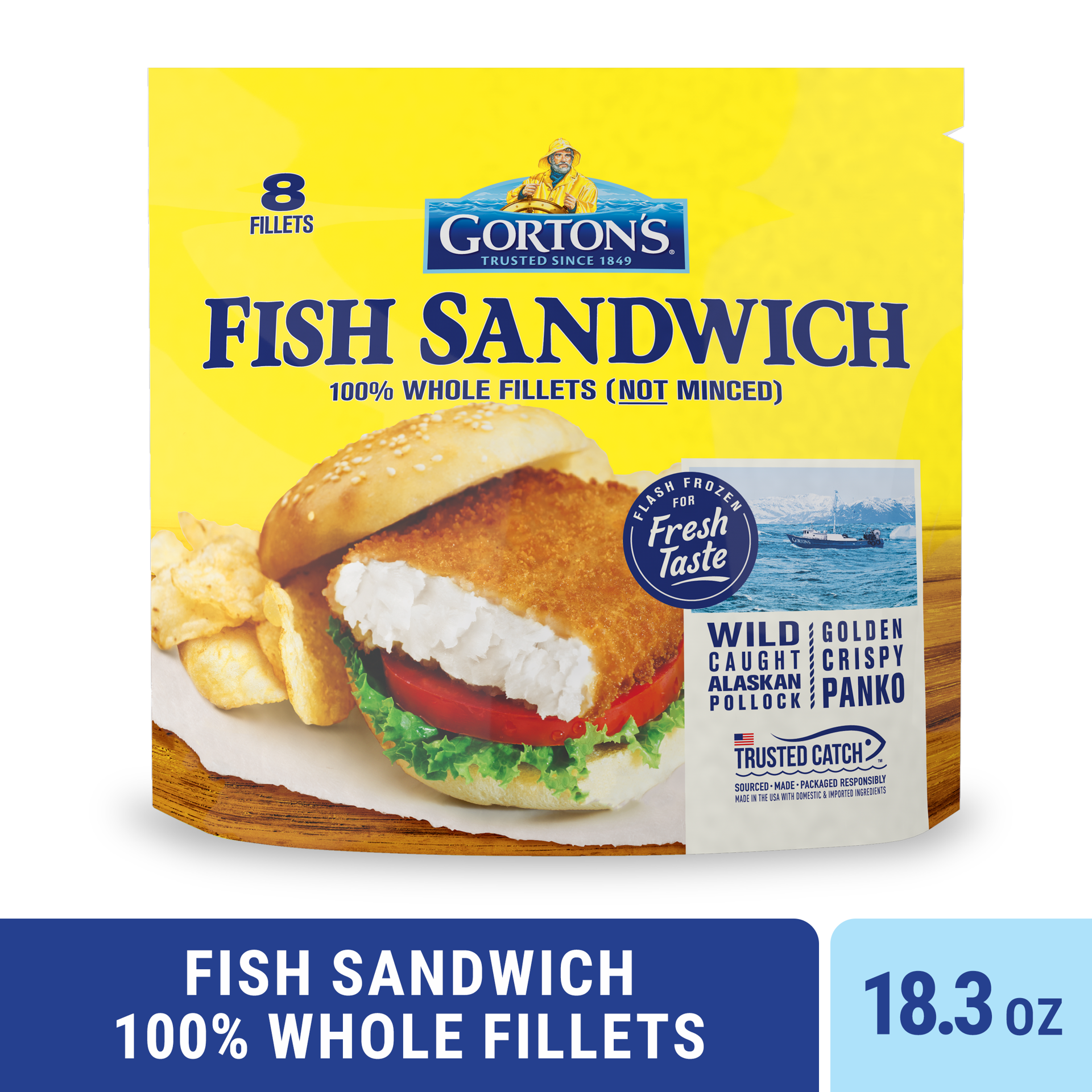 slide 1 of 10, Gorton's Gorton''s Breaded Fish Sandwich Cut from 100% Whole Fish Fillets (Not Minced), Wild Caught Alaskan Pollock, Frozen, 8 Count, 18.3 Ounce Resealable Bag, 8 ct