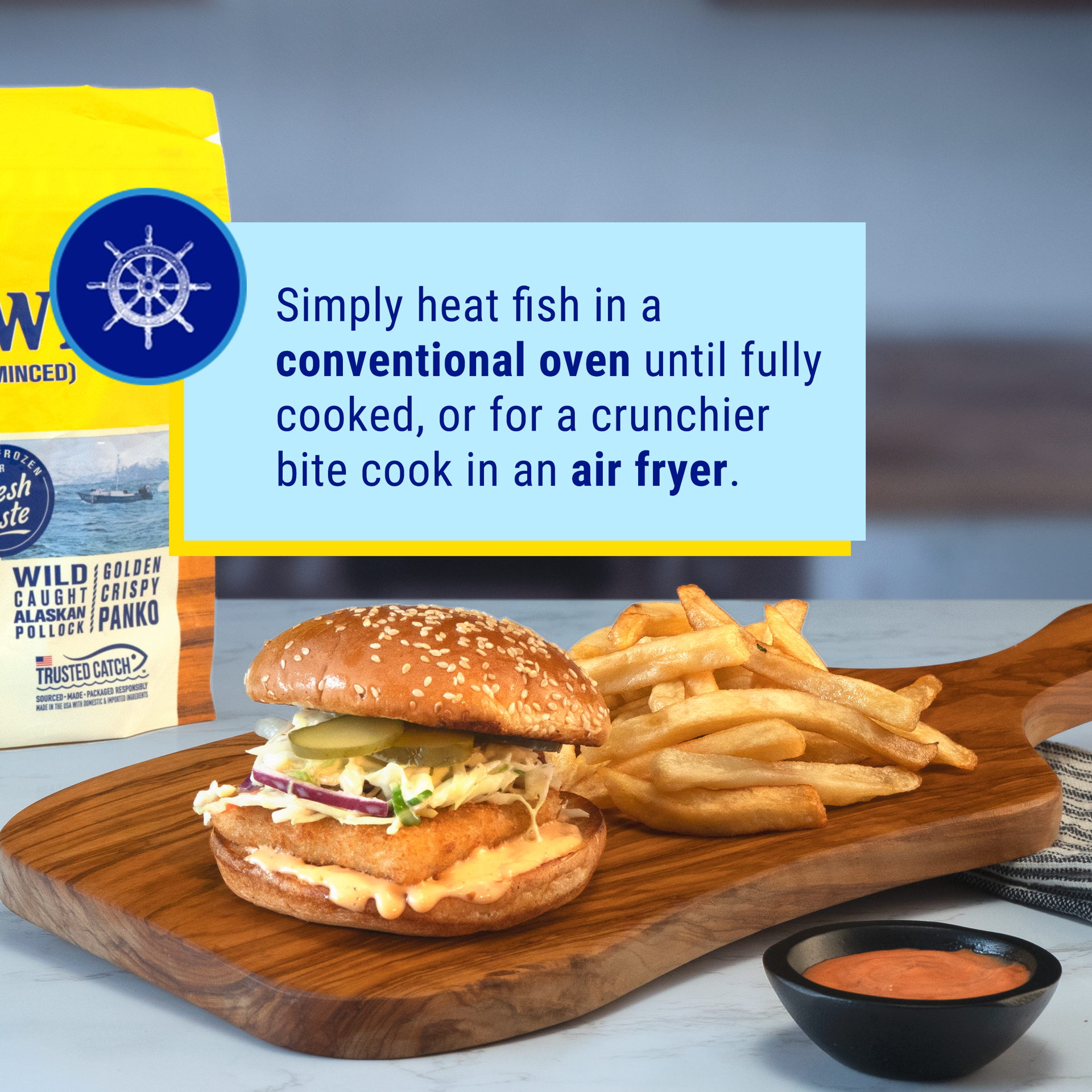 slide 9 of 10, Gorton's Gorton''s Breaded Fish Sandwich Cut from 100% Whole Fish Fillets (Not Minced), Wild Caught Alaskan Pollock, Frozen, 8 Count, 18.3 Ounce Resealable Bag, 8 ct