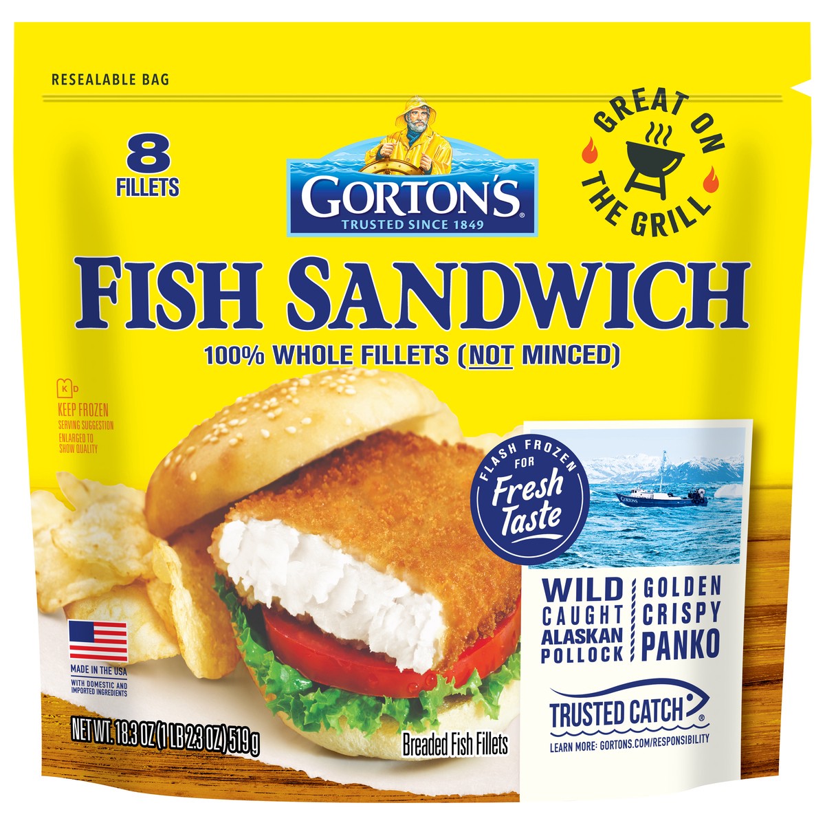 slide 1 of 10, Gorton's Breaded Whole Sandwich Fish Fillets - 8 Count, 18.3 oz, 8 ct