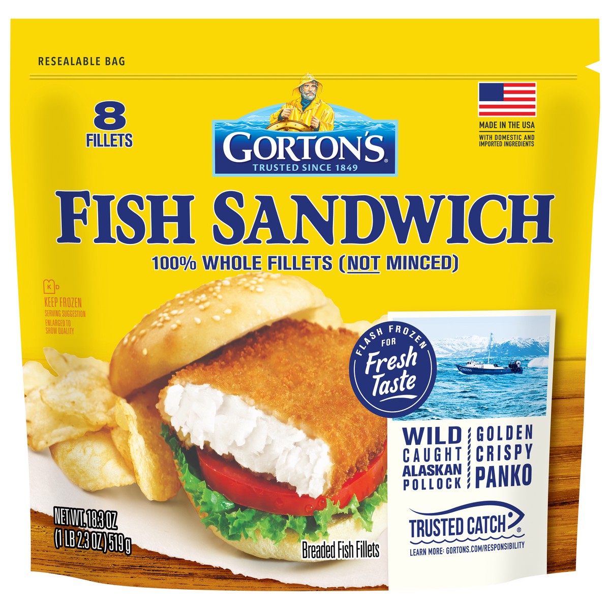 slide 1 of 10, Gorton's Breaded Whole Sandwich Fish Fillets 8 - 18.3 oz Each, 8 ct