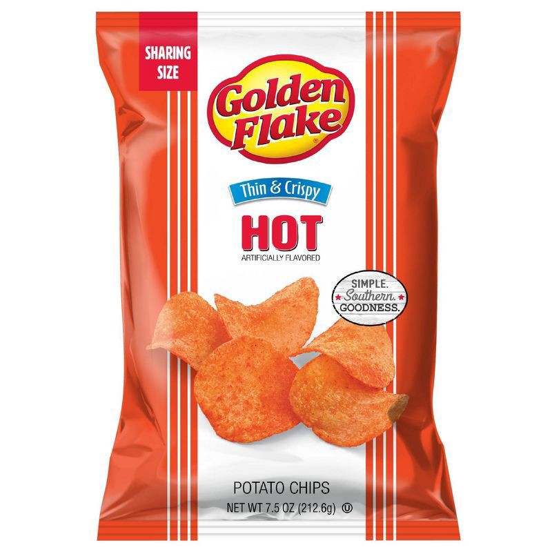 slide 1 of 5, Golden Flake Thin & Crispy Sharing Size Hot Potato Chips 7.5 oz, 7.5 oz