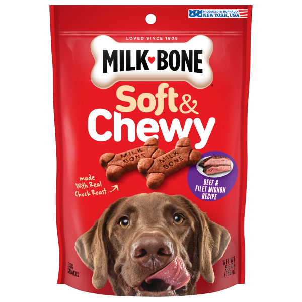 slide 5 of 19, Milk-Bone Soft and Chewy Dog Treats, Beef & Filet Mignon Recipe With Chuck Roast, 5.6oz Bag, 5.6 oz