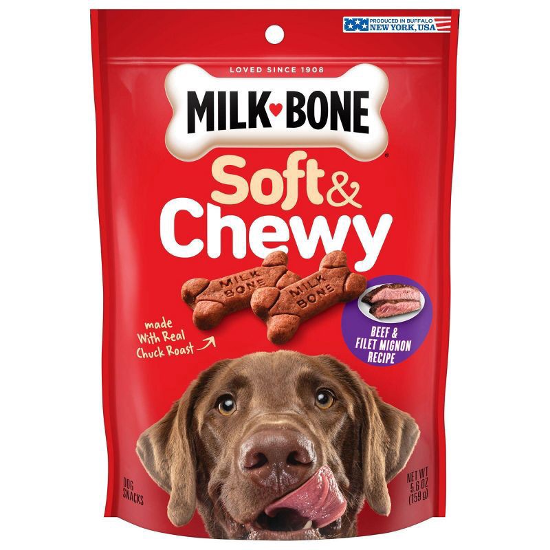 slide 1 of 19, Milk-Bone Soft and Chewy Dog Treats, Beef & Filet Mignon Recipe With Chuck Roast, 5.6oz Bag, 5.6 oz