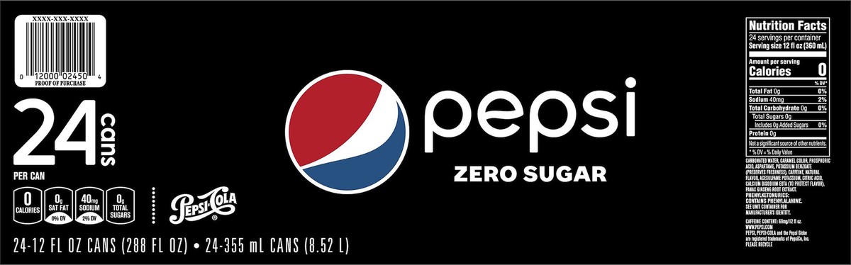 slide 2 of 10, Pepsi Cola, Zero Sugar - 24 ct, 24 ct; 12 oz