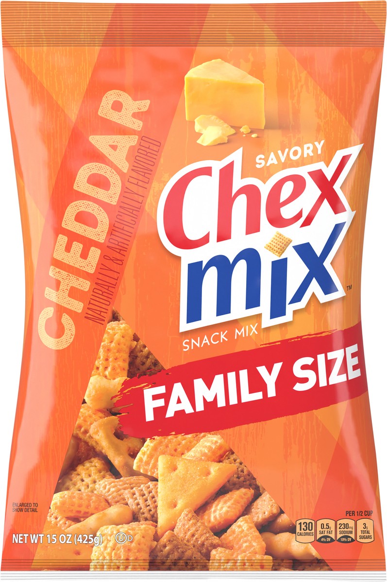 slide 12 of 13, Chex Mix Snack Mix, Cheddar, Savory Snack Bag, Family Size, 15 oz, 15 oz