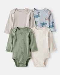 Carter's Baby Boy 4-Pack Dragon Star Print Cotton Long-Sleeve Bodysuits - Blue/White/Green Multi 9M