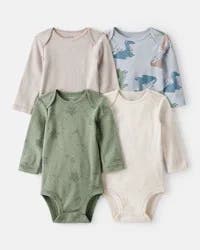 Carter's Baby Boy 4-Pack Dragon Star Print Cotton Long-Sleeve Bodysuits - Blue/White/Green Multi 9M
