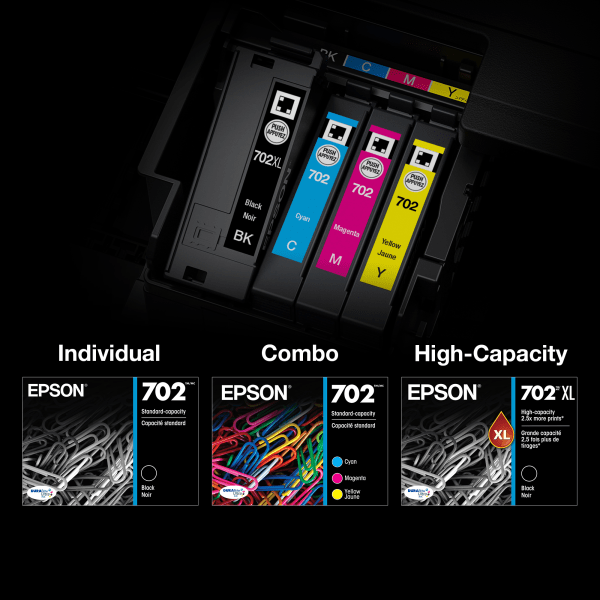 slide 5 of 6, Epson Durabrite Ultra T702Xl-Bcs High-Yield Black And Standard-Yield Cyan/Magenta/Yellow Ink Cartridges, 1 ct