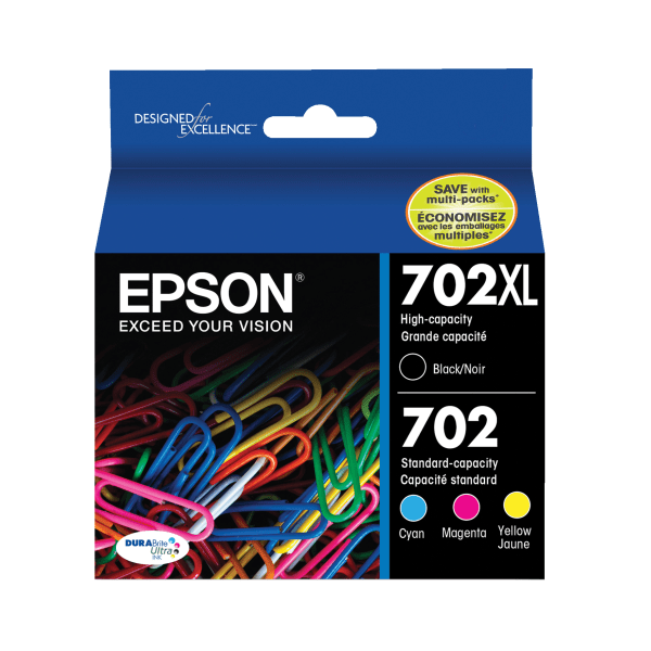 slide 1 of 1, Epson Durabrite Ultra T702Xl-Bcs High-Yield Black And Standard-Yield Cyan/Magenta/Yellow Ink Cartridges, 1 ct