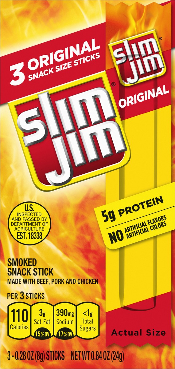 slide 4 of 9, Slim Jim Smoked Original Snack Stick Snack Size 3 - 0.28 oz Sticks, 3 ct