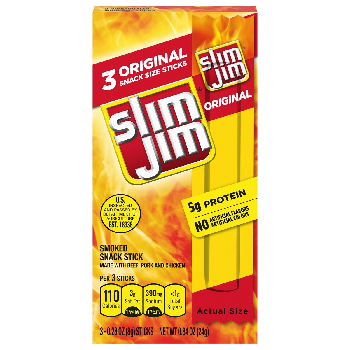 slide 1 of 9, Slim Jim Smoked Original Snack Stick Snack Size 3 - 0.28 oz Sticks, 3 ct
