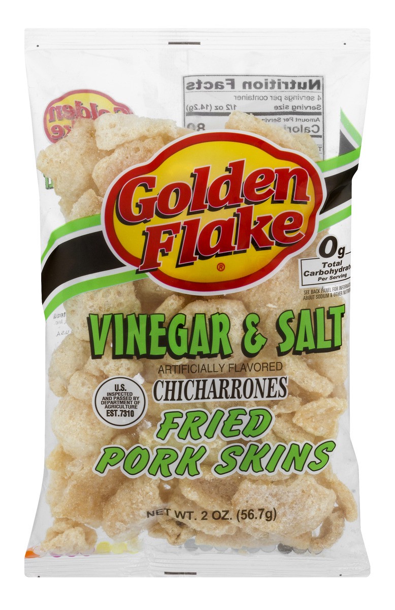 slide 1 of 11, Golden Flake Vinegar & Salt Fried Pork Skins, 2 oz