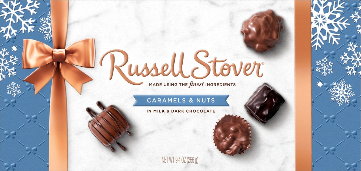 slide 11 of 12, RUSSELL STOVER Christmas Caramels & Nuts in Milk & Dark Chocolate Gift Box, 9.4 oz. (16 pieces), 16 ct