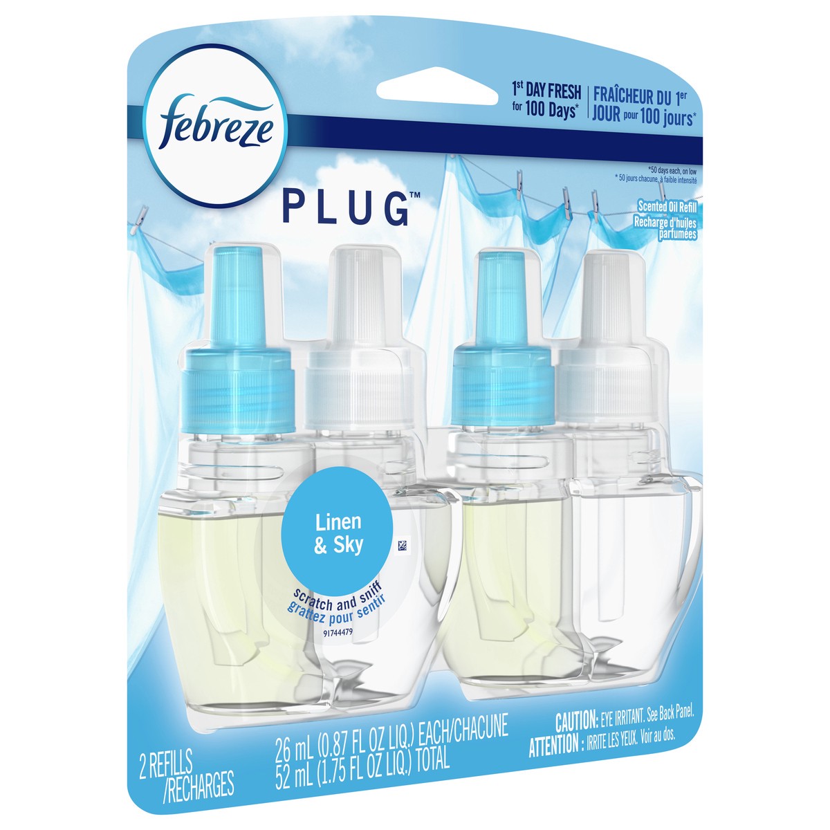 slide 2 of 4, Febreze Odor-Fighting Fade Defy PLUG Air Freshener Refill, Linen & Sky, (2) .87 fl. oz. Oil Refills, 2 ct