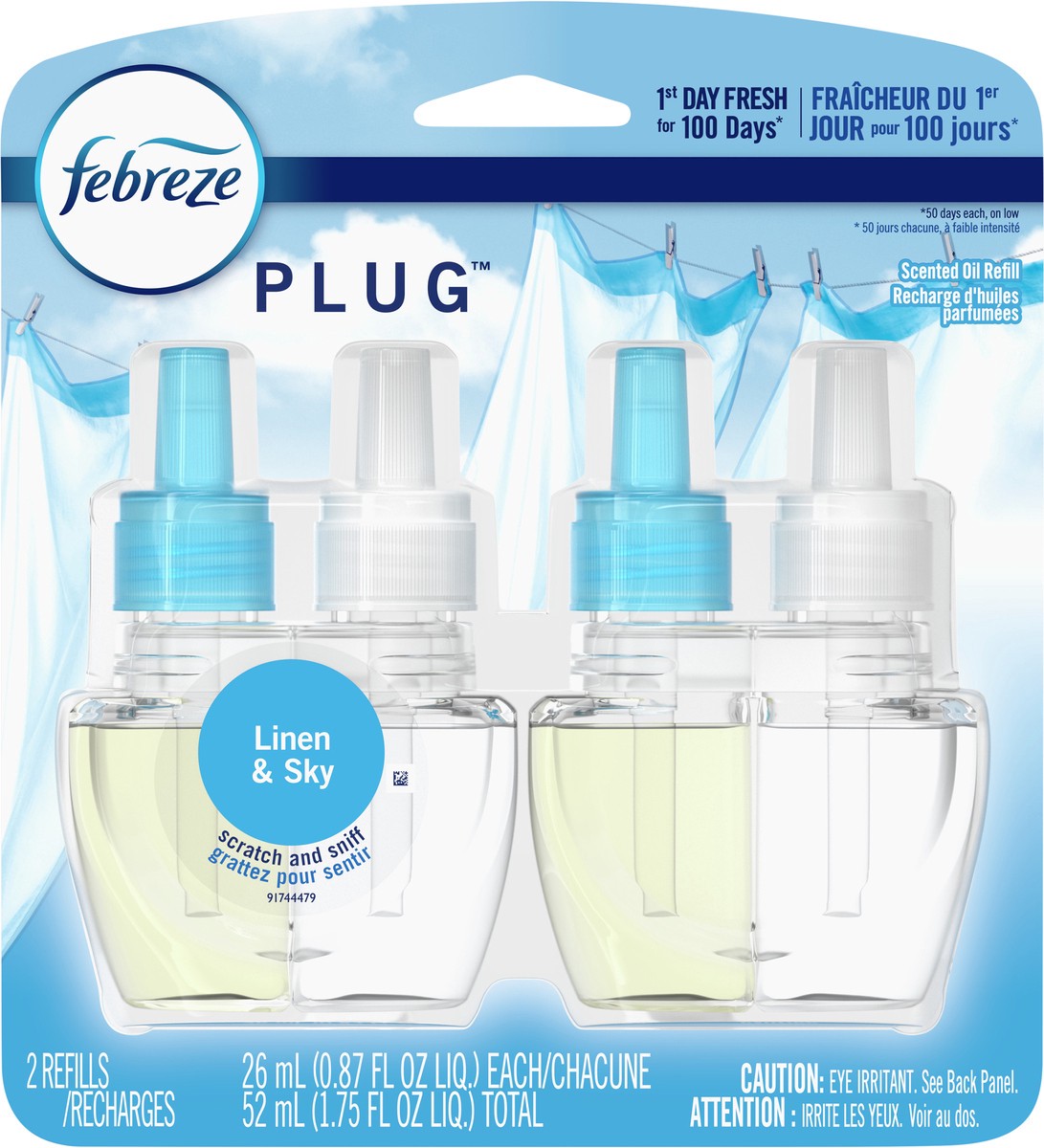 slide 3 of 4, Febreze Odor-Fighting Fade Defy PLUG Air Freshener Refill, Linen & Sky, (2) .87 fl. oz. Oil Refills, 2 ct