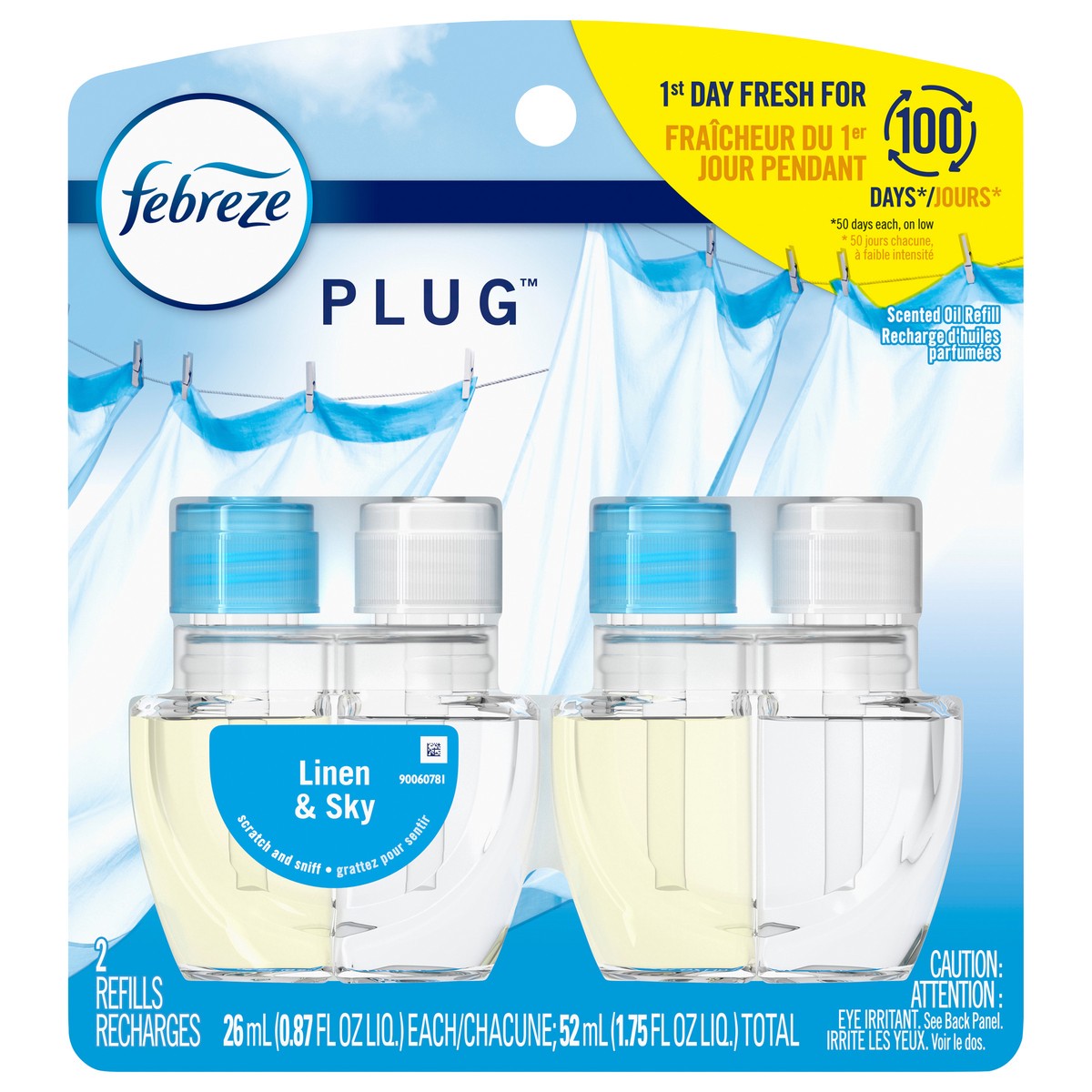 slide 1 of 4, Febreze Odor-Fighting Fade Defy PLUG Air Freshener Refill, Linen & Sky, (2) .87 fl. oz. Oil Refills, 2 ct