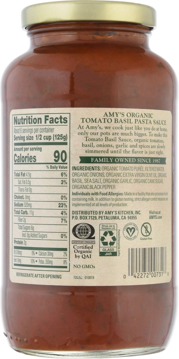 slide 6 of 12, Amy's Amys Organic Pasta Sauce Tomato Basil, 25.5 oz