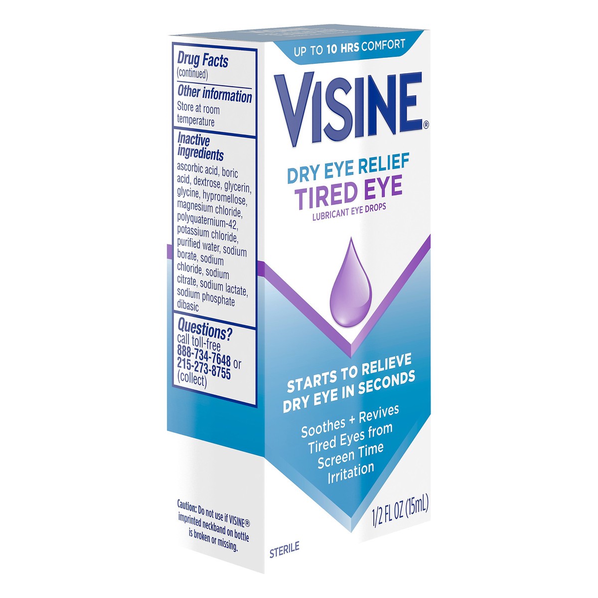 slide 5 of 7, Visine Dry Eye Relief Tired Eye Lubricant Eye Drops, Moisturizing & Soothing Sterile Drops for Irritated, Dry & Tired Eyes Due to Screen Time Irritation, Polyethylene Glycol, 0.5 fl. oz, 0.5 fl oz