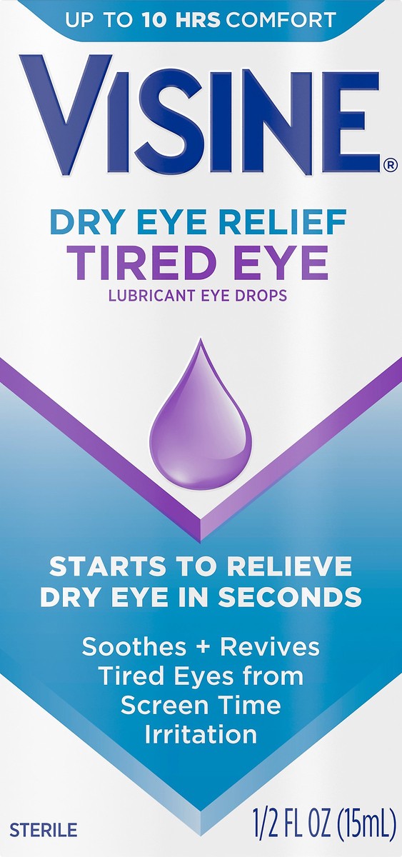 slide 4 of 7, Visine Dry Eye Relief Tired Eye Lubricant Eye Drops, Moisturizing & Soothing Sterile Drops for Irritated, Dry & Tired Eyes Due to Screen Time Irritation, Polyethylene Glycol, 0.5 fl. oz, 0.5 fl oz