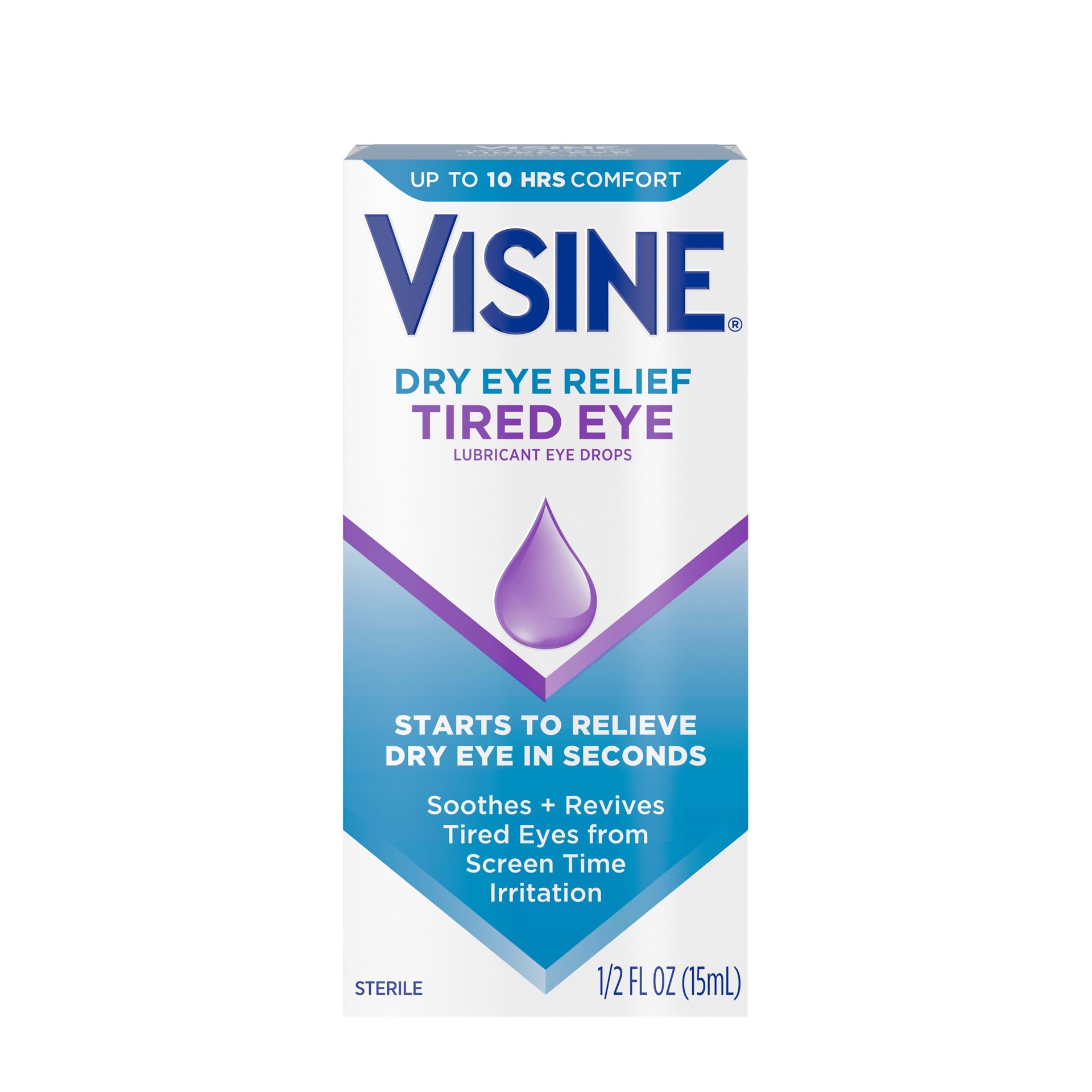 slide 1 of 7, Visine Dry Eye Relief Tired Eye Lubricant Eye Drops, Moisturizing & Soothing Sterile Drops for Irritated, Dry & Tired Eyes Due to Screen Time Irritation, Polyethylene Glycol, 0.5 fl. oz, 0.5 fl oz