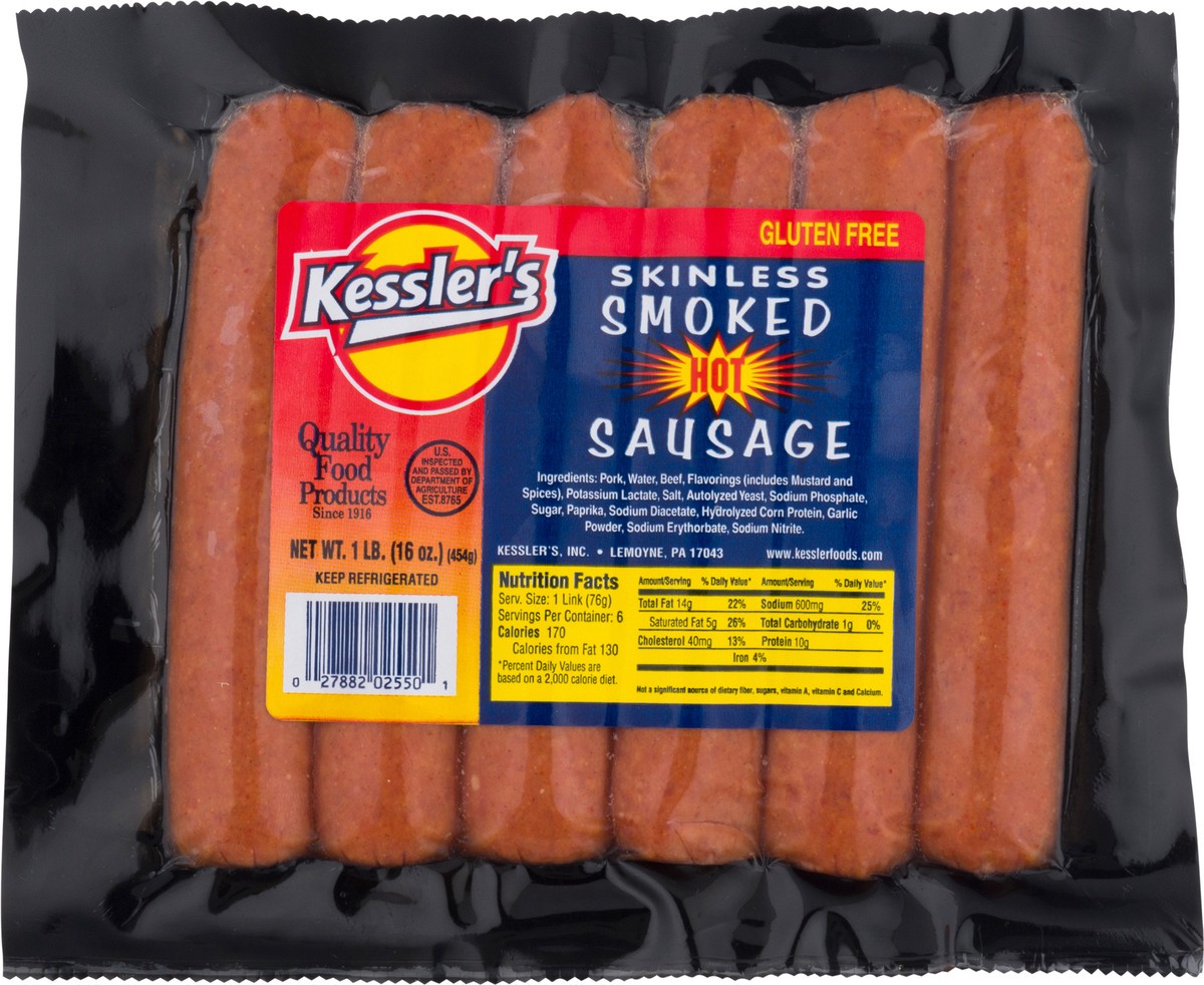 slide 10 of 13, Kessler's Smoked Skinless Hot Sausage 1 lb, 1 lb