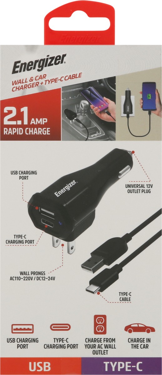 slide 9 of 9, Energizer Wall & Car Charger + USB Cable, Micro, 1 Each, 1 ct