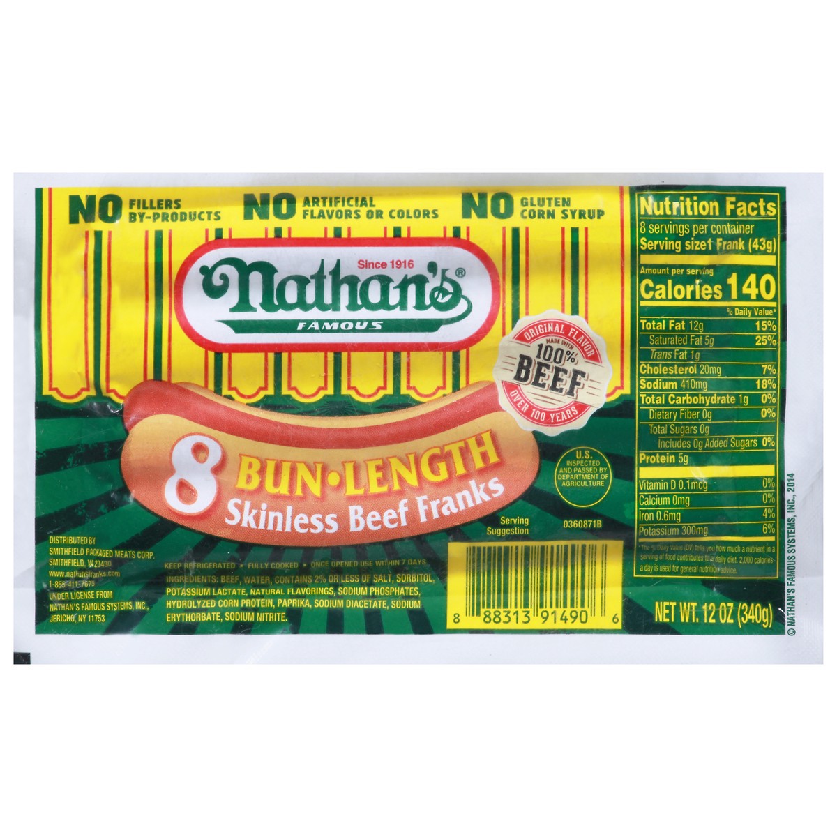 slide 1 of 9, Nathan's Famous Bun Length Skinless Beef Franks 8 ea, 8 ct; 12 oz