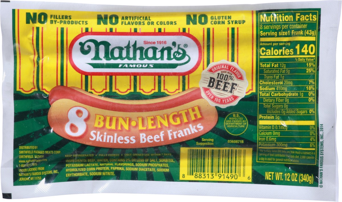 slide 6 of 9, Nathan's Famous Bun Length Skinless Beef Franks 8 ea, 8 ct; 12 oz
