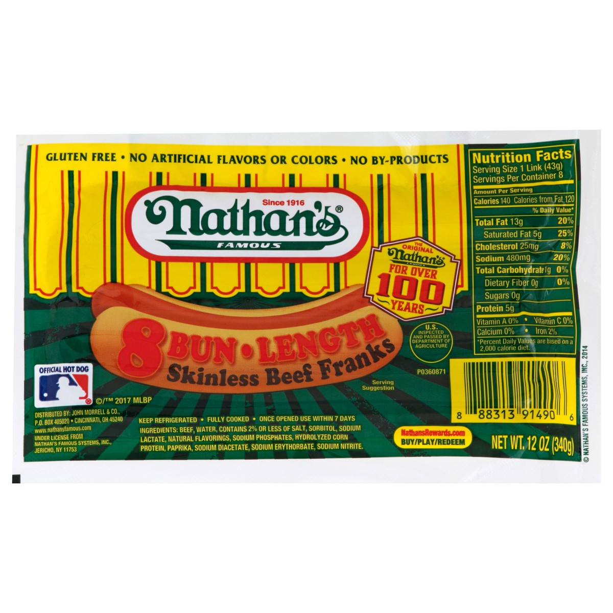 slide 1 of 9, Nathan's Famous Bun Length Skinless Beef Franks, 12 oz, 8 ct
