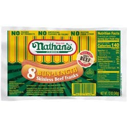 Nathan's Famous Bun Length Skinless Beef Franks, 12 oz