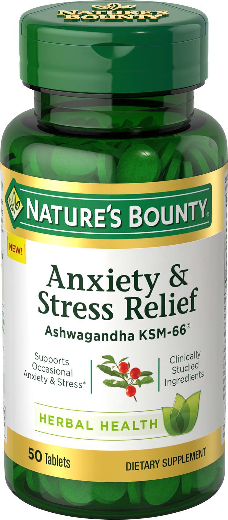 slide 1 of 5, Nature's Bounty Nature''s Bounty Anxiety & Stress Relief Ashwagandha KSM 66, L-Theanine, Dietary Supplement, Tablets, 50 Ct, 50 ct