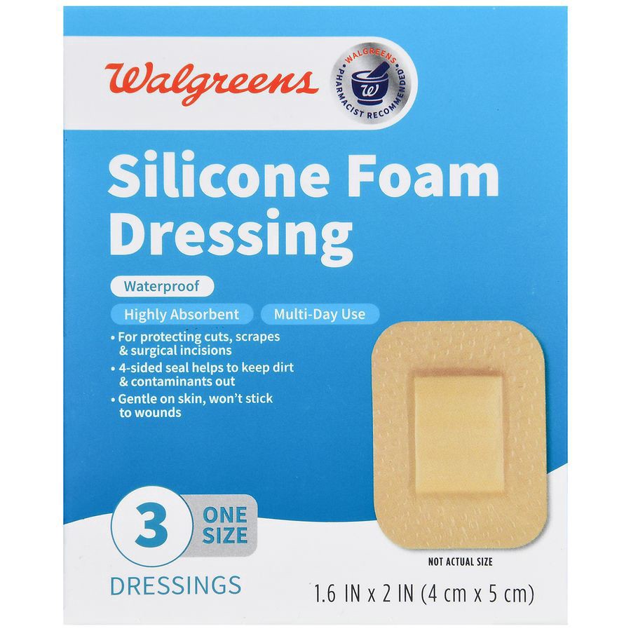 slide 4 of 5, Walgreens Silicone Foam Dressings, 1.6 in x 2 in, 3 ct