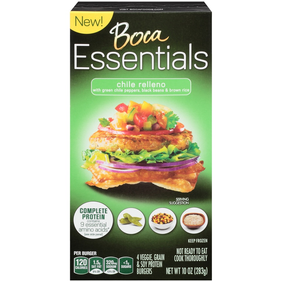 slide 2 of 9, BOCA Essentials Chile Relleno Veggie Grain & Soy Protein Burgers, 10 oz