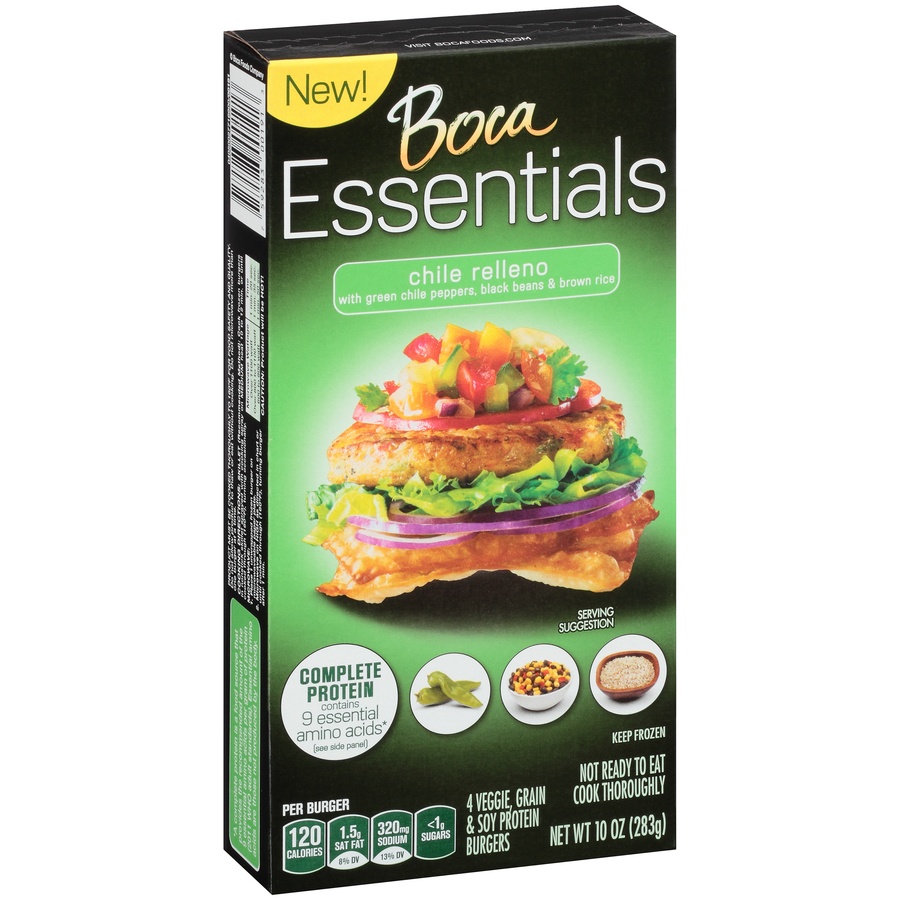 slide 3 of 9, BOCA Essentials Chile Relleno Veggie Grain & Soy Protein Burgers, 10 oz