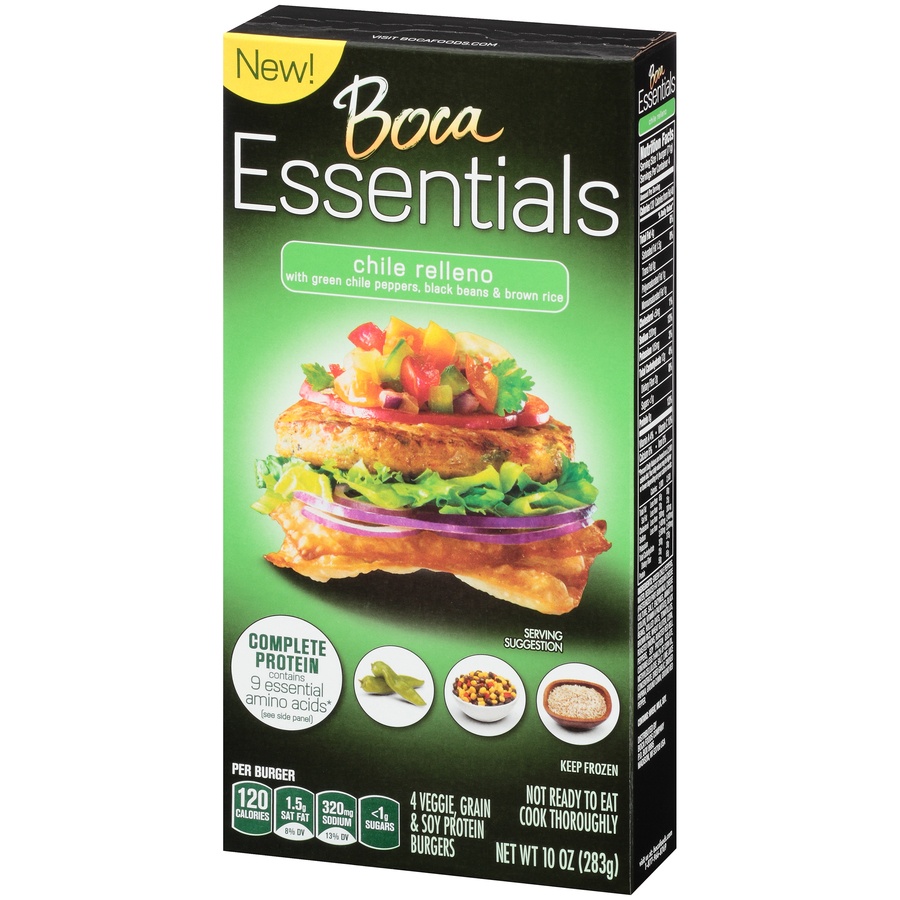 slide 4 of 9, BOCA Essentials Chile Relleno Veggie Grain & Soy Protein Burgers, 10 oz