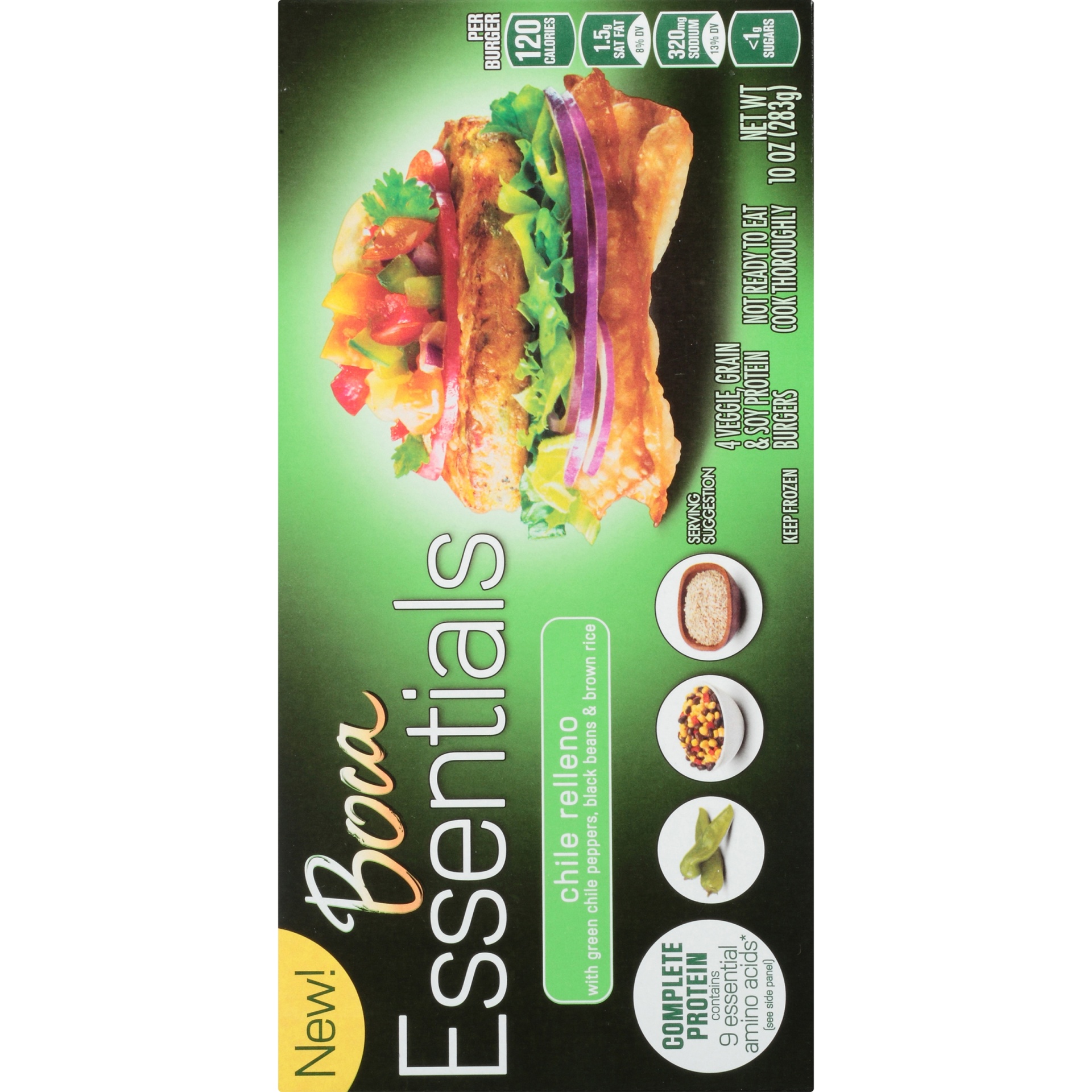 slide 7 of 9, BOCA Essentials Chile Relleno Veggie Grain & Soy Protein Burgers, 10 oz