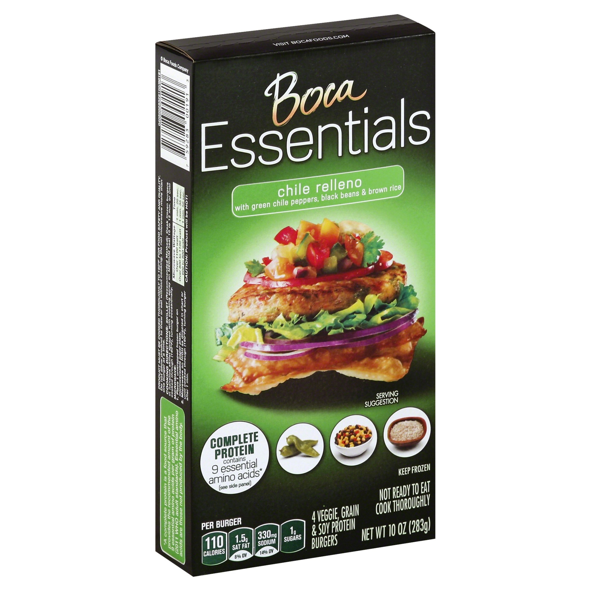 slide 1 of 9, BOCA Essentials Chile Relleno Veggie Grain & Soy Protein Burgers, 10 oz