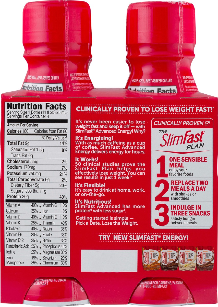 slide 7 of 9, SlimFast Advanced Energy Mocha Cappuccino Shake Meal Replacement 20g of Protein Ready to Drink Pantry Friendly 11 fl oz Bottle 4 Ct, 4 ct; 11 fl oz