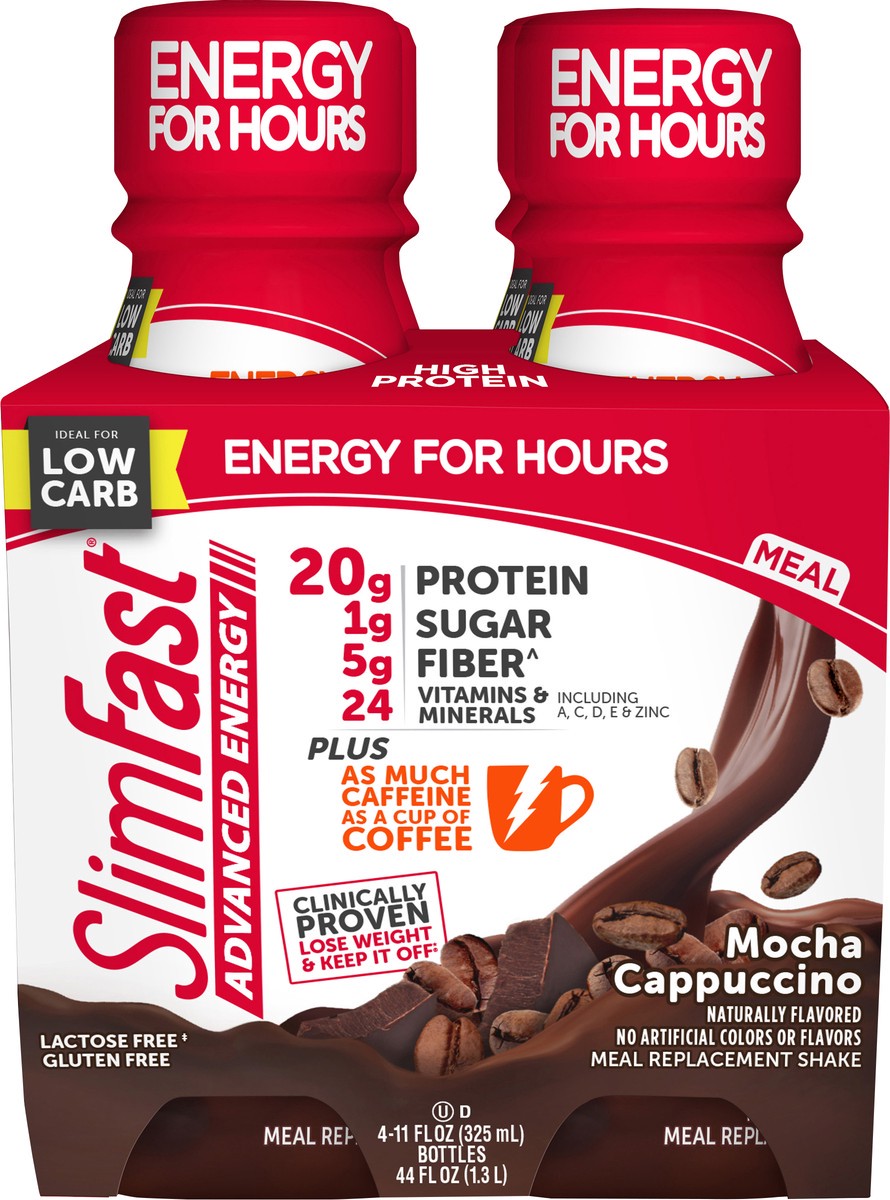 slide 3 of 9, SlimFast Advanced Energy Mocha Cappuccino Shake Meal Replacement 20g of Protein Ready to Drink Pantry Friendly 11 fl oz Bottle 4 Ct, 4 ct; 11 fl oz