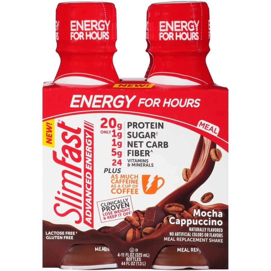 slide 1 of 9, SlimFast Advanced Energy Mocha Cappuccino Shake Meal Replacement 20g of Protein Ready to Drink Pantry Friendly 11 fl oz Bottle 4 Ct, 4 ct; 11 fl oz