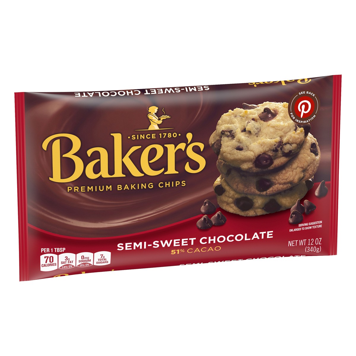 slide 9 of 10, Baker's Baking Semi-Sweet Chocolate Chips, Sweetened 51% Cacao, 12 oz Bag, 12 oz