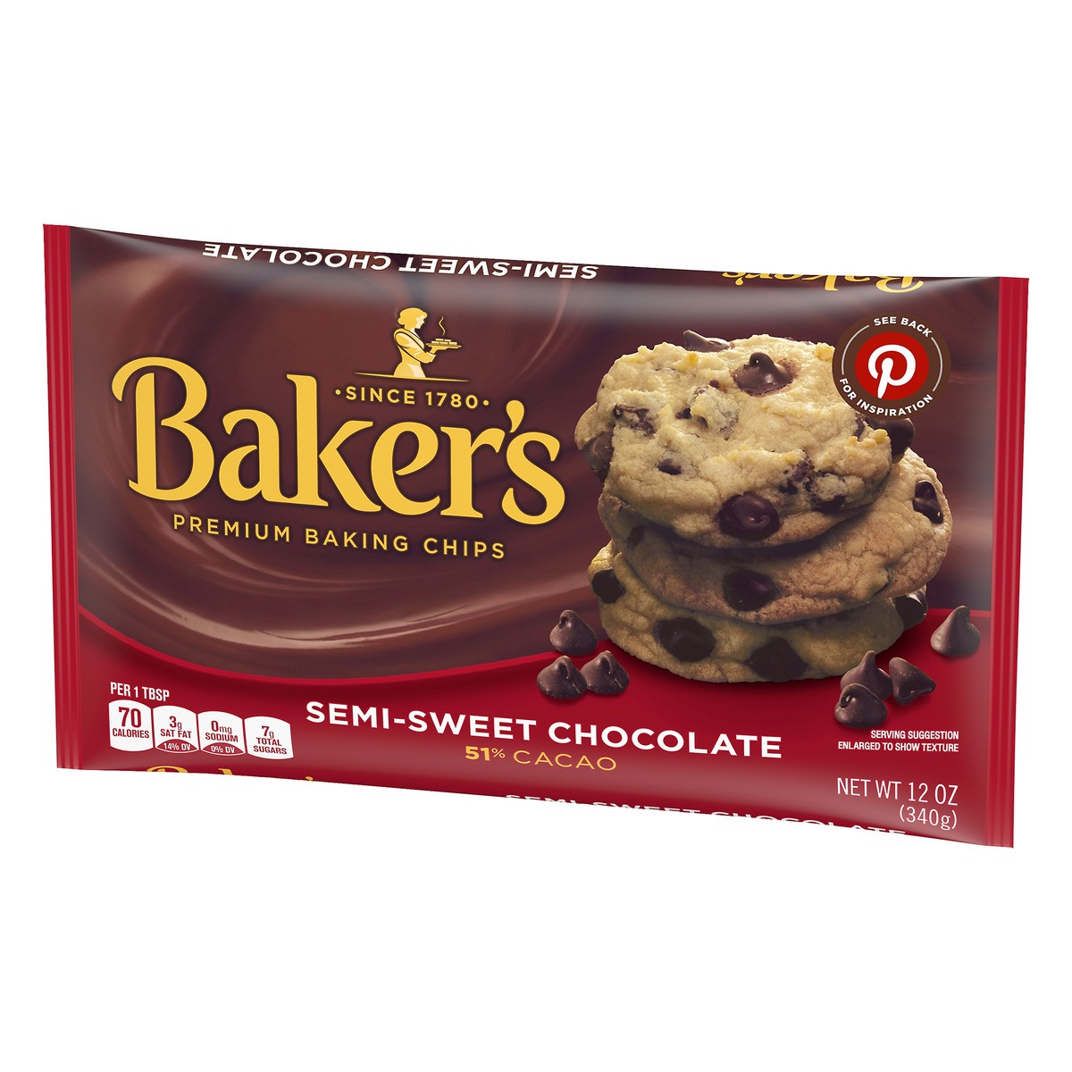 slide 7 of 10, Baker's Baking Semi-Sweet Chocolate Chips, Sweetened 51% Cacao, 12 oz Bag, 12 oz