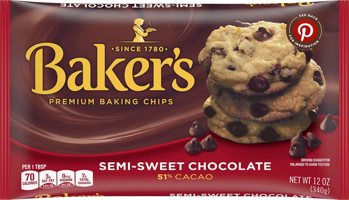 slide 3 of 10, Baker's Baking Semi-Sweet Chocolate Chips, Sweetened 51% Cacao, 12 oz Bag, 12 oz