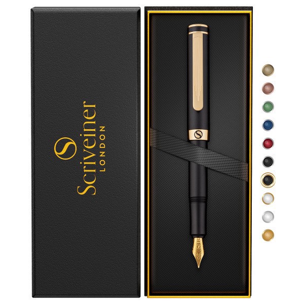 slide 9 of 10, Scriveiner EDC Luxury Fountain Pen, Medium Nib, 0.7 mm, Black Barrel, Black And Blue, 1 ct