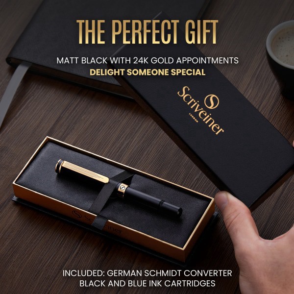 slide 8 of 10, Scriveiner EDC Luxury Fountain Pen, Medium Nib, 0.7 mm, Black Barrel, Black And Blue, 1 ct