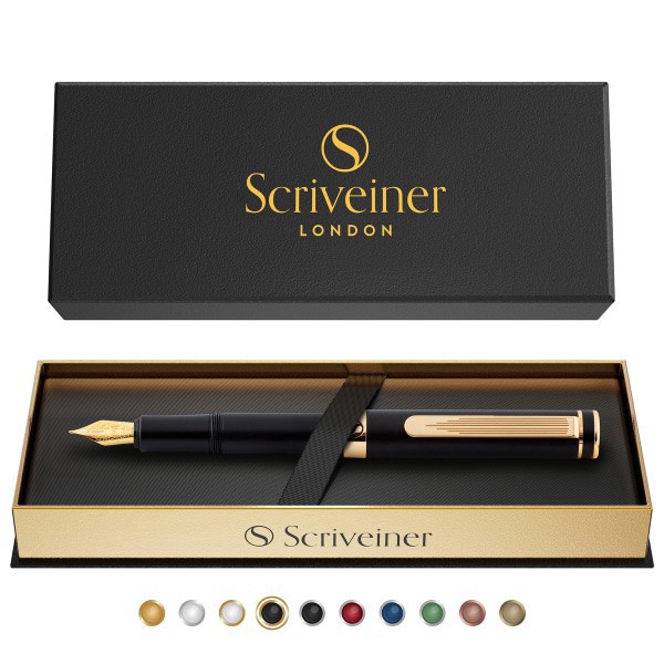 slide 7 of 10, Scriveiner EDC Luxury Fountain Pen, Medium Nib, 0.7 mm, Black Barrel, Black And Blue, 1 ct
