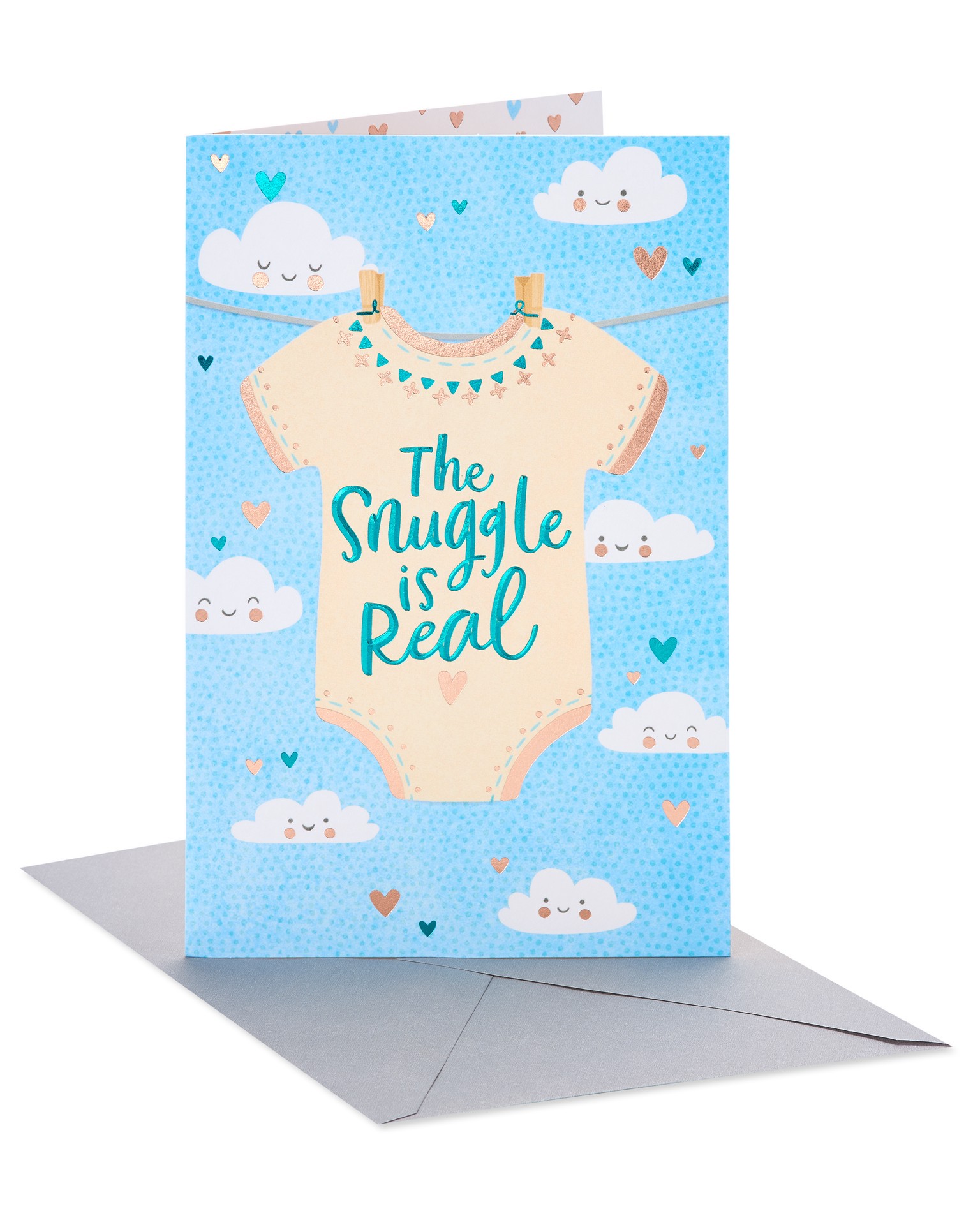 slide 1 of 5, American Greetings This American Greetings baby shower card is awww-dorably cute and the perfect way to celebrate the arrival of the new bundle of joy. With its sweet messaging and irresistible design that features a onesie set against a background of smiling clouds, this c, 1 ct