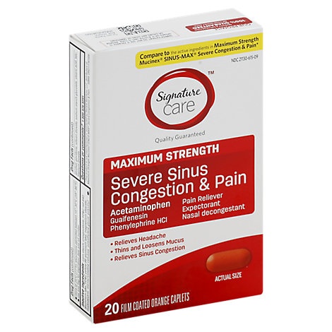 slide 1 of 1, Signature Care Severe Sinus Congestion & Pain Relief Maximum Strength Caplet, 20 ct